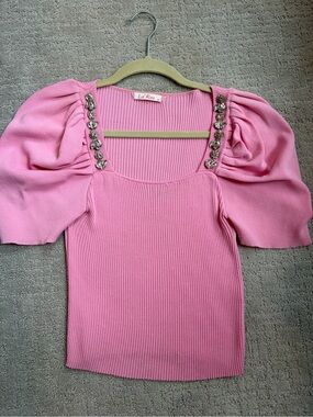 Pink Puff Sleeve Ribbed Top with Jeweled Square Neck